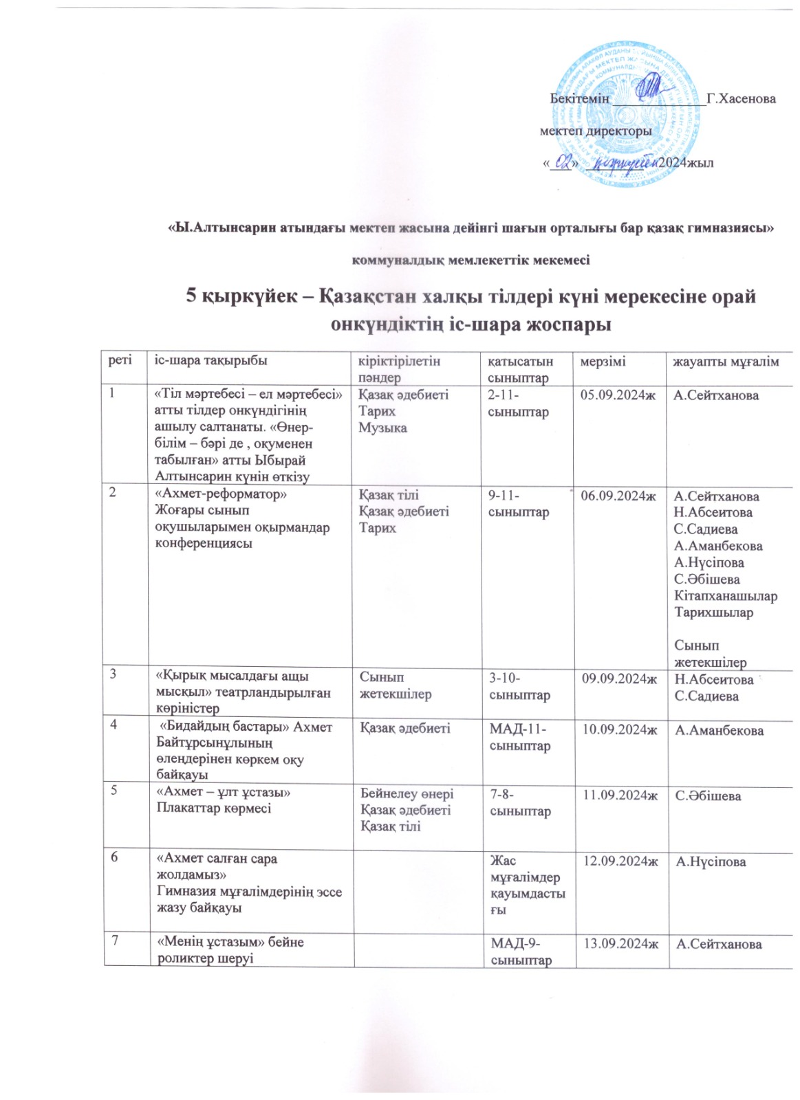 Қазақстан халқы тілдері күні мерекесіне орай онкүндік іс-шара жоспары